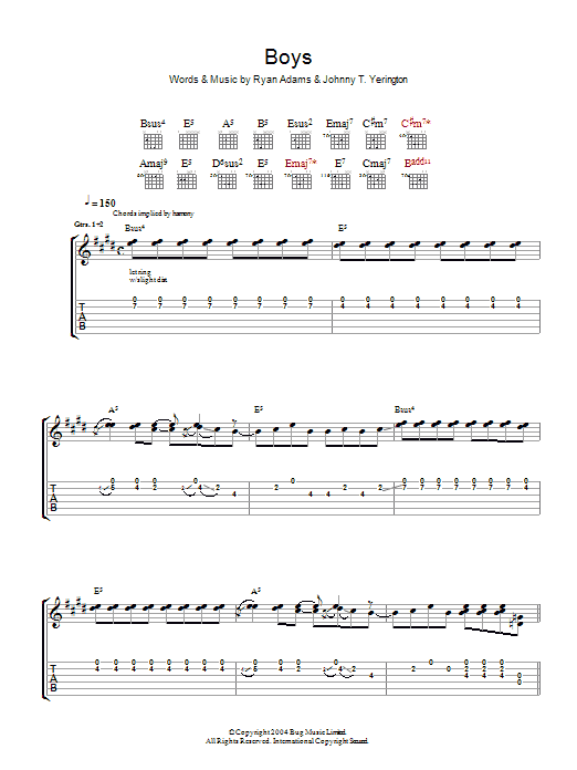 Learn to play Ryan Adams Boys sheet music for Guitar Tab in minutes. Price: 7.8900$ Ryan Adams Boys sheet music notes and chords arranged for Guitar Tab