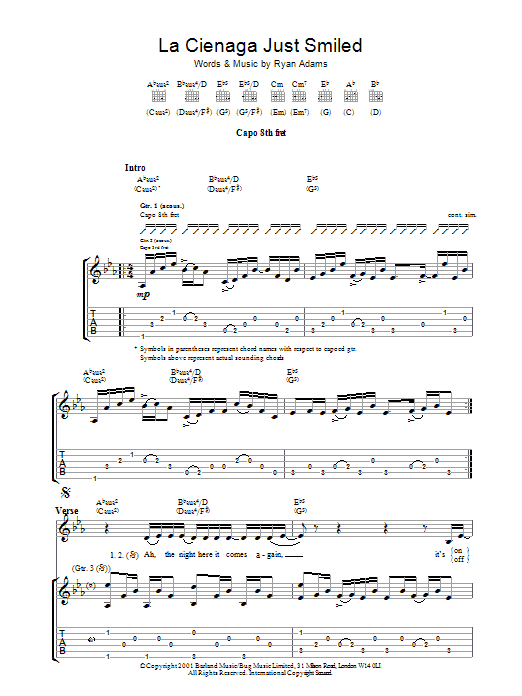 Learn to play Ryan Adams La Cienega Just Smiled sheet music for Guitar Tab in minutes. Price: 7.8900$ Ryan Adams La Cienega Just Smiled sheet music notes and chords arranged for Guitar Tab