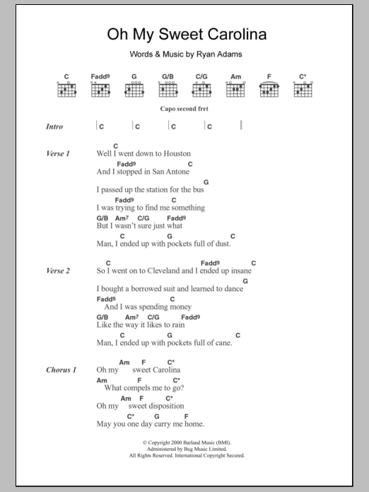 Ryan Adams Oh My Sweet Carolina sheet music notes and chords. Download Printable PDF.