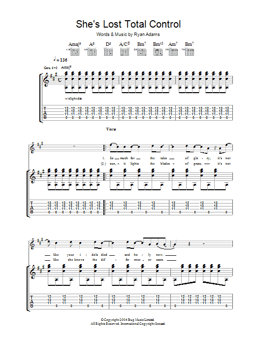 Learn to play Ryan Adams She's Lost Total Control sheet music for Guitar Tab in minutes. Price: 7.8900$ Ryan Adams She's Lost Total Control sheet music notes and chords arranged for Guitar Tab