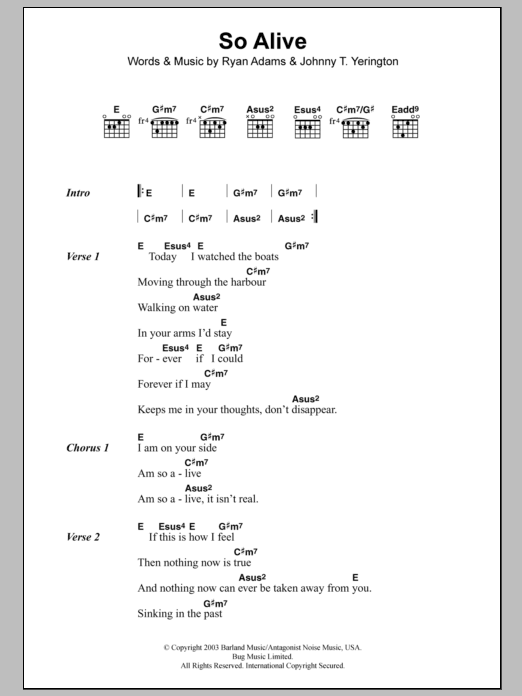 Learn to play Ryan Adams So Alive sheet music for Guitar Tab in minutes. Price: 7.8900$ Ryan Adams So Alive sheet music notes and chords arranged for Guitar Tab
