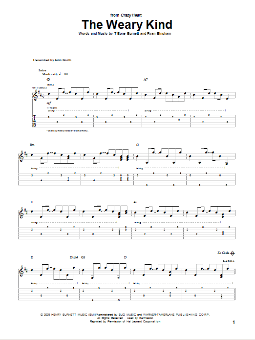 Ryan Bingham The Weary Kind (Theme From Crazy Heart) sheet music notes and chords. Download Printable PDF.