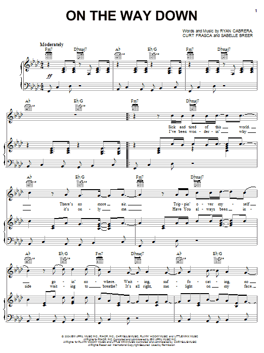 Ryan Cabrera On The Way Down sheet music notes and chords arranged for Piano, Vocal & Guitar Chords (Right-Hand Melody)