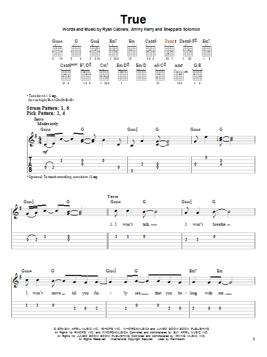 Ryan Cabrera True sheet music notes and chords. Download Printable PDF.