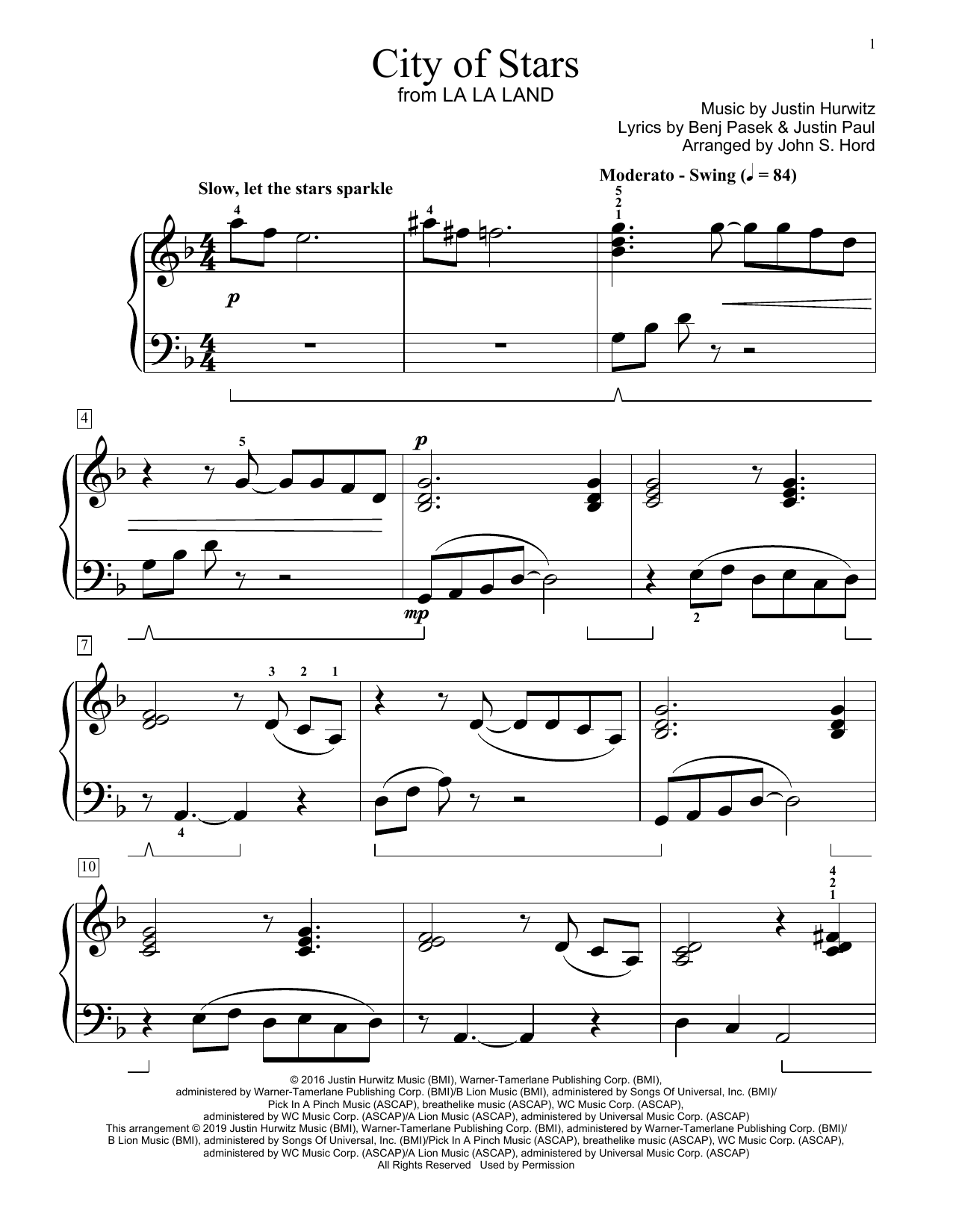 Ryan Gosling & Emma Stone City Of Stars (from La La Land) (arr. John S. Hord) sheet music notes and chords. Download Printable PDF.