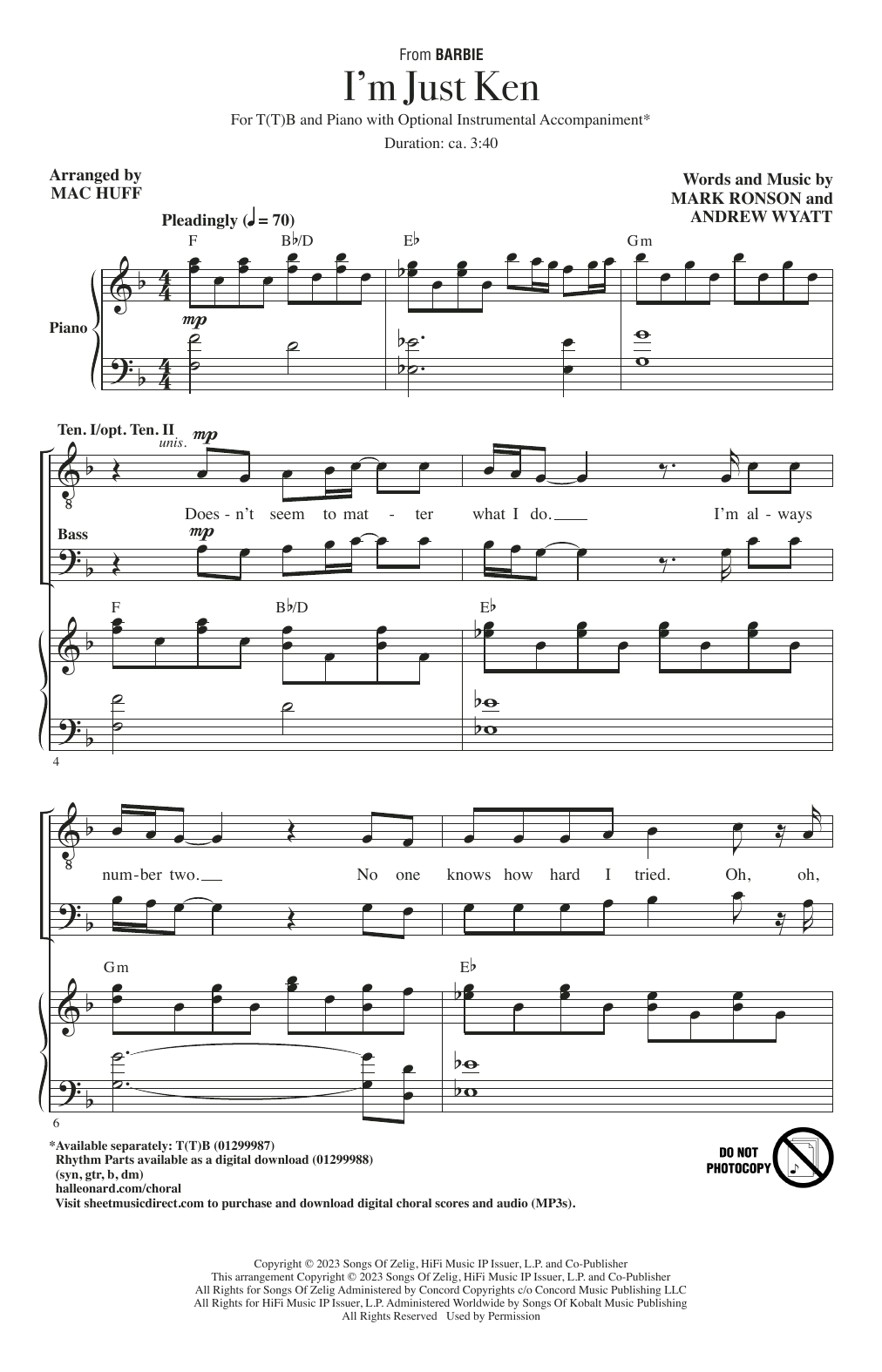 Ryan Gosling I'm Just Ken (from Barbie) (arr. Mac Huff) sheet music notes and chords. Download Printable PDF.