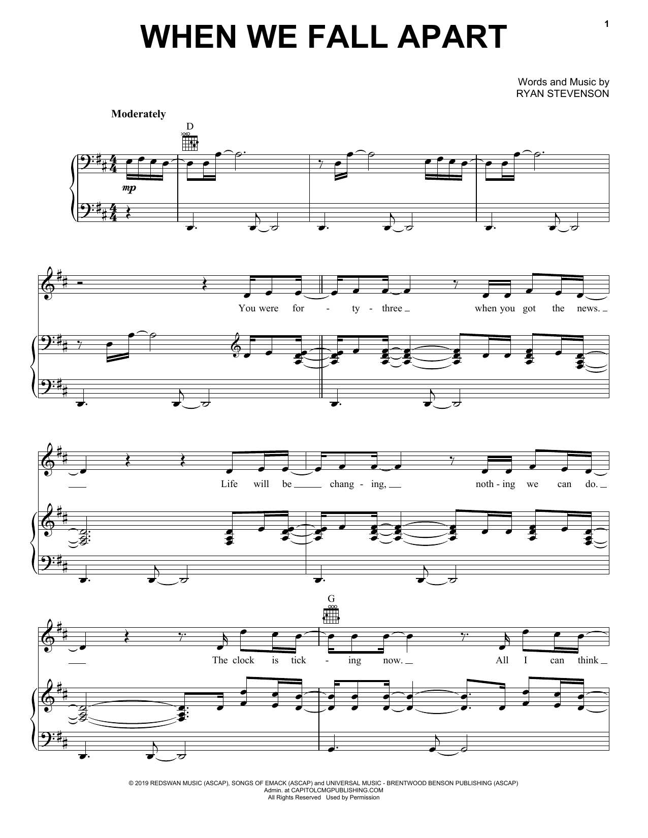 Learn to play Ryan Stevenson When We Fall Apart sheet music for Piano, Vocal & Guitar Chords (Right-Hand Melody) in minutes. Price: 7.8900$ Ryan Stevenson When We Fall Apart sheet music notes and chords arranged for Piano, Vocal & Guitar Chords (Right-Hand Melody)
