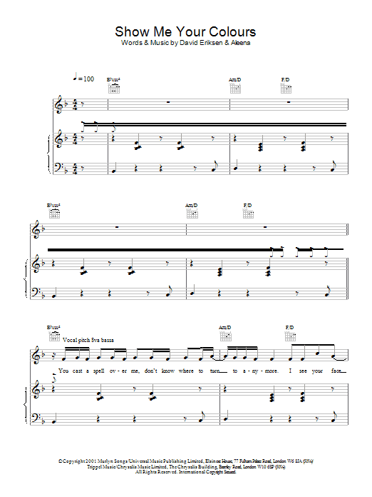 Learn to play S Club 7 Show Me Your Colours sheet music for Piano, Vocal & Guitar Chords in minutes. Price: 7.8900$ S Club 7 Show Me Your Colours sheet music notes and chords arranged for Piano, Vocal & Guitar Chords