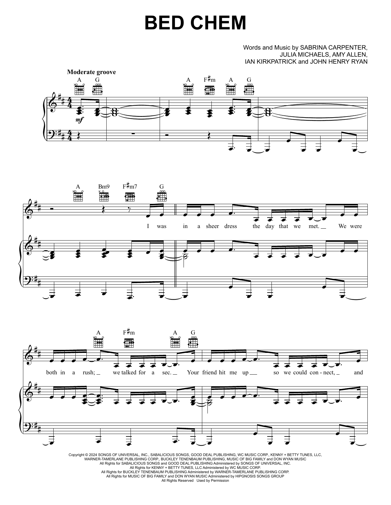 Sabrina Carpenter Bed Chem sheet music notes and chords. Download Printable PDF.