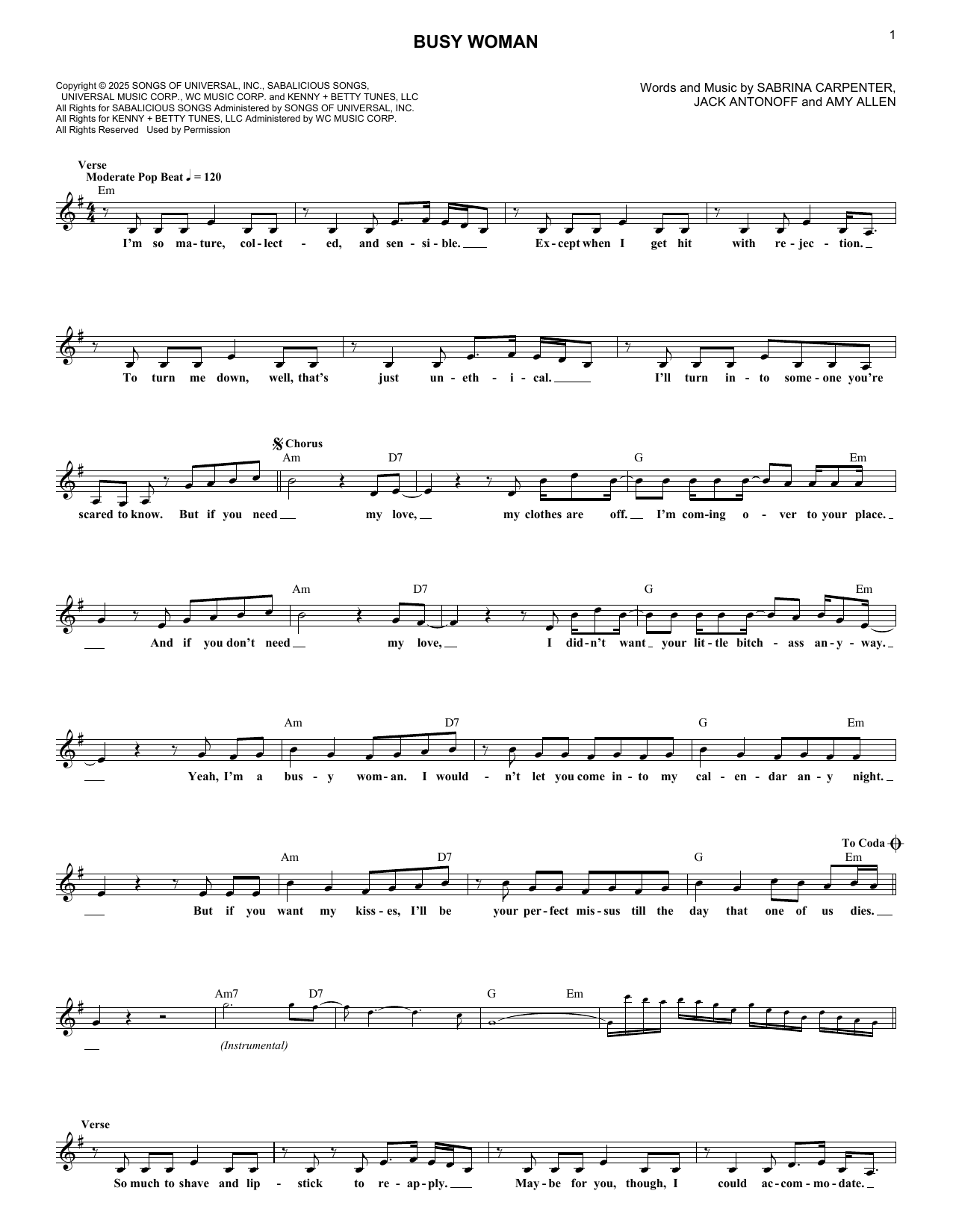 Learn to play Sabrina Carpenter Busy Woman sheet music for Lead Sheet / Fake Book in minutes. Price: 5.9900$ Sabrina Carpenter Busy Woman sheet music notes and chords arranged for Lead Sheet / Fake Book