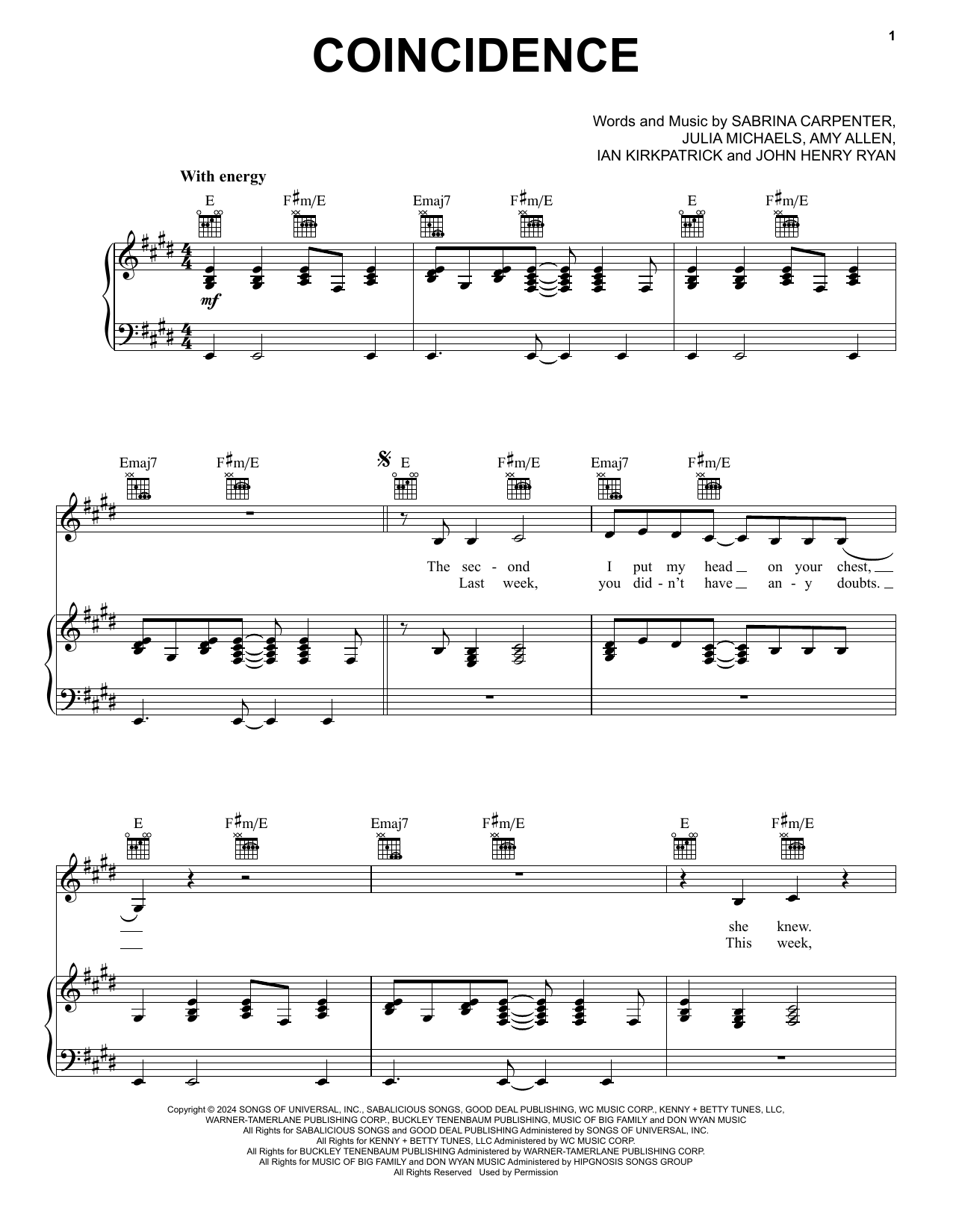 Sabrina Carpenter Coincidence sheet music notes and chords. Download Printable PDF.