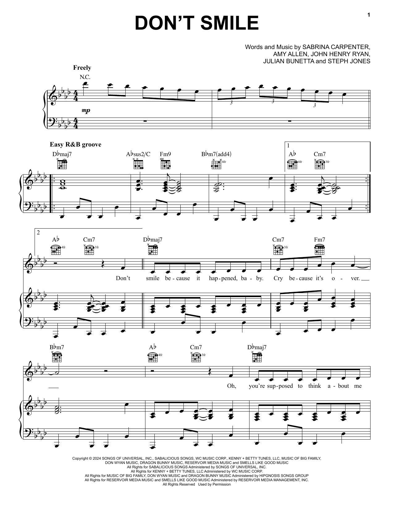 Sabrina Carpenter Don't Smile sheet music notes and chords. Download Printable PDF.