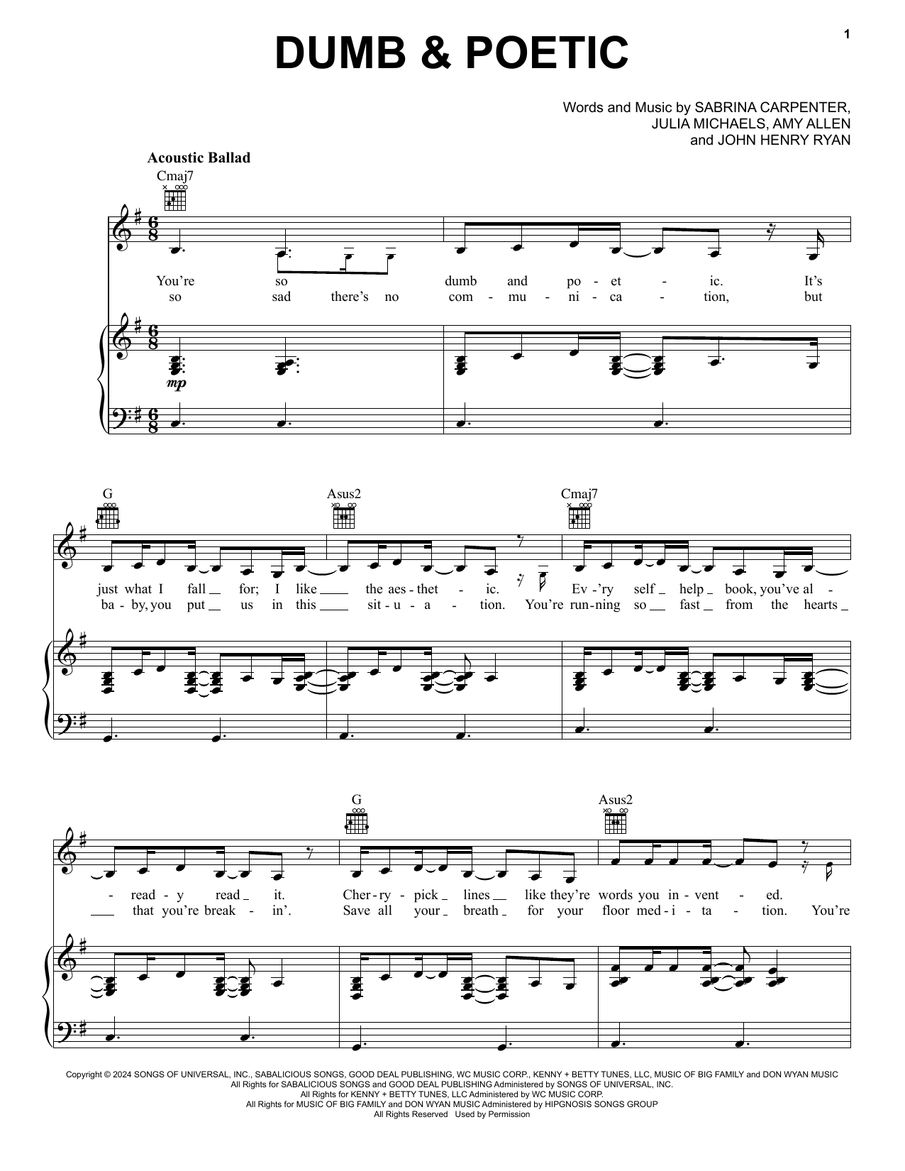 Sabrina Carpenter Dumb & Poetic sheet music notes and chords. Download Printable PDF.