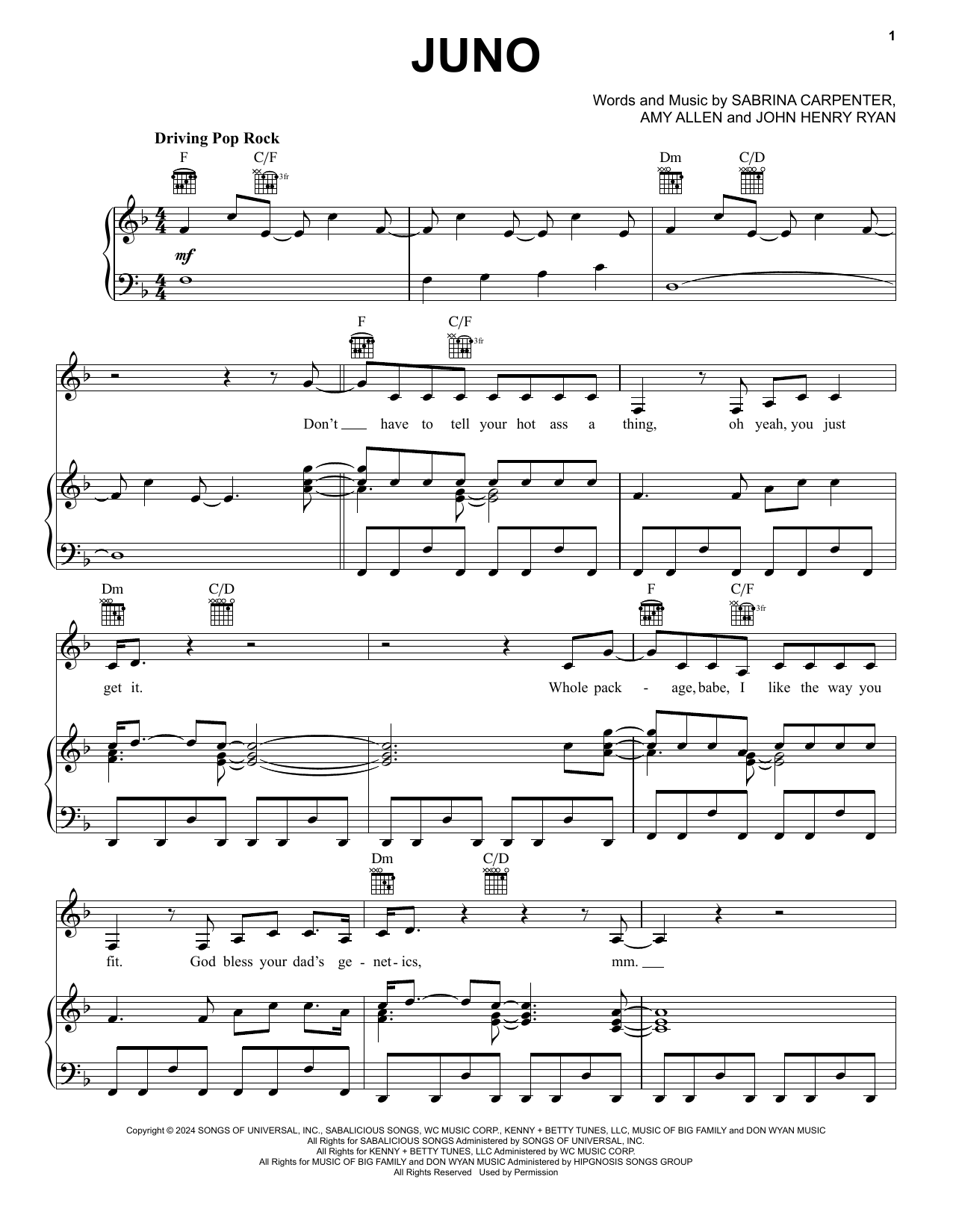 Sabrina Carpenter Juno sheet music notes and chords. Download Printable PDF.