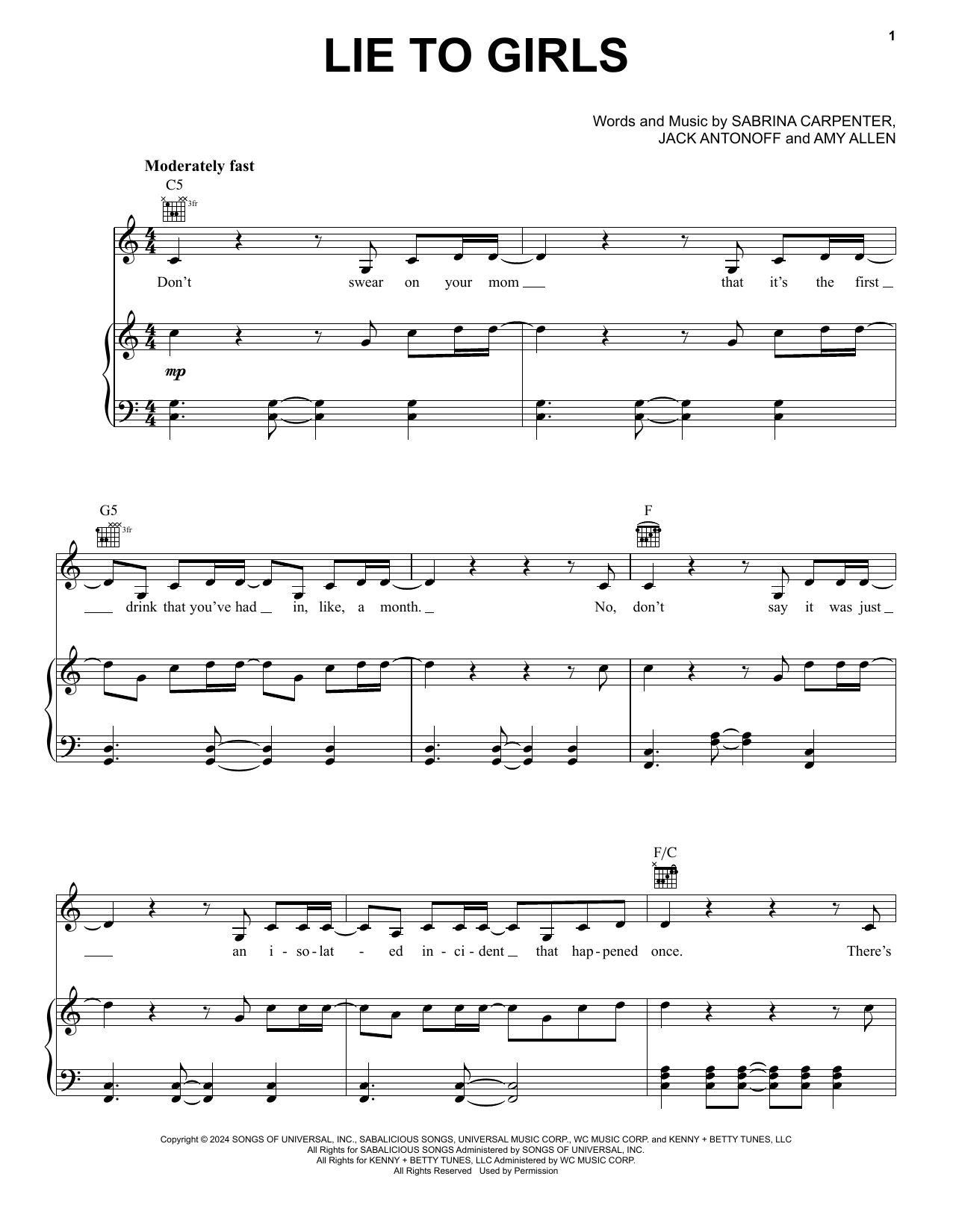 Sabrina Carpenter Lie To Girls sheet music notes and chords. Download Printable PDF.