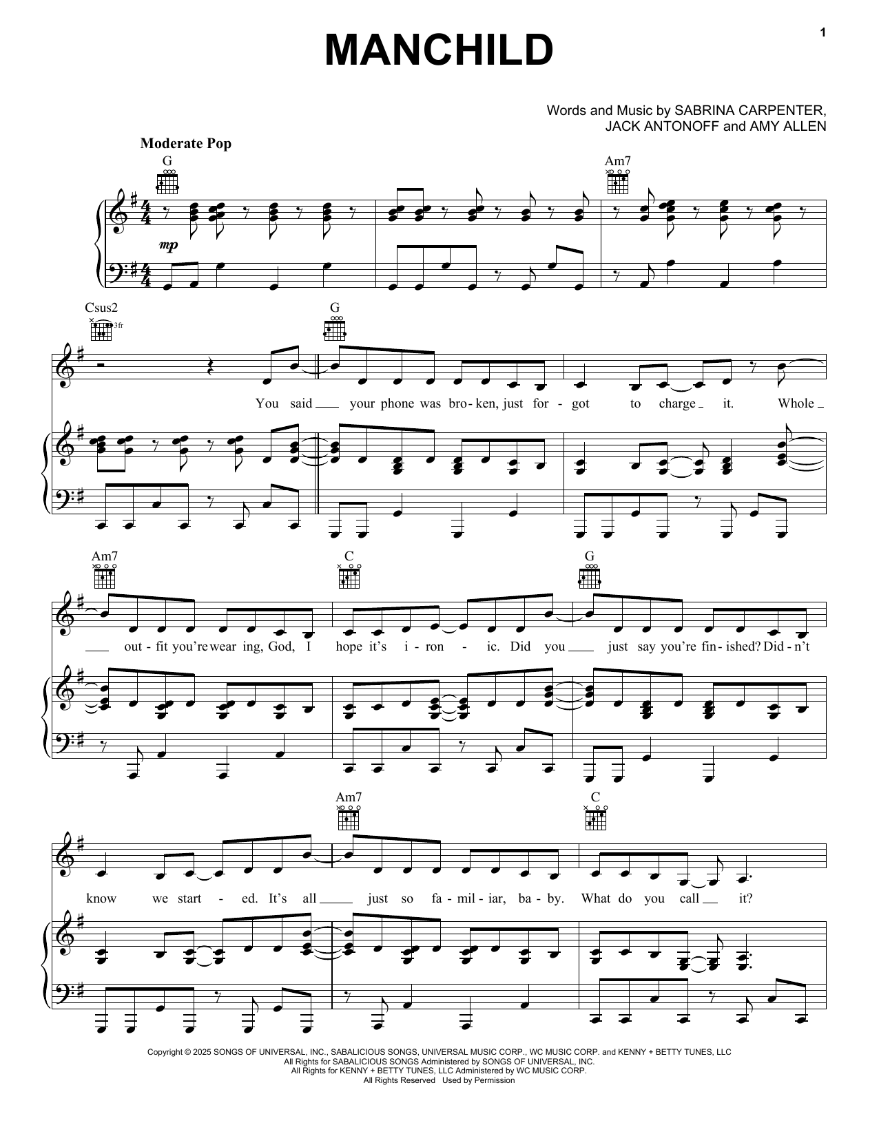 Learn to play Sabrina Carpenter Manchild sheet music for Piano, Vocal & Guitar Chords (Right-Hand Melody) in minutes. Price: 7.8900$ Sabrina Carpenter Manchild sheet music notes and chords arranged for Piano, Vocal & Guitar Chords (Right-Hand Melody)
