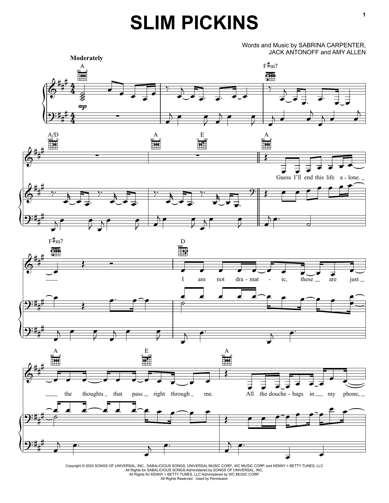 Sabrina Carpenter Slim Pickins sheet music notes and chords. Download Printable PDF.