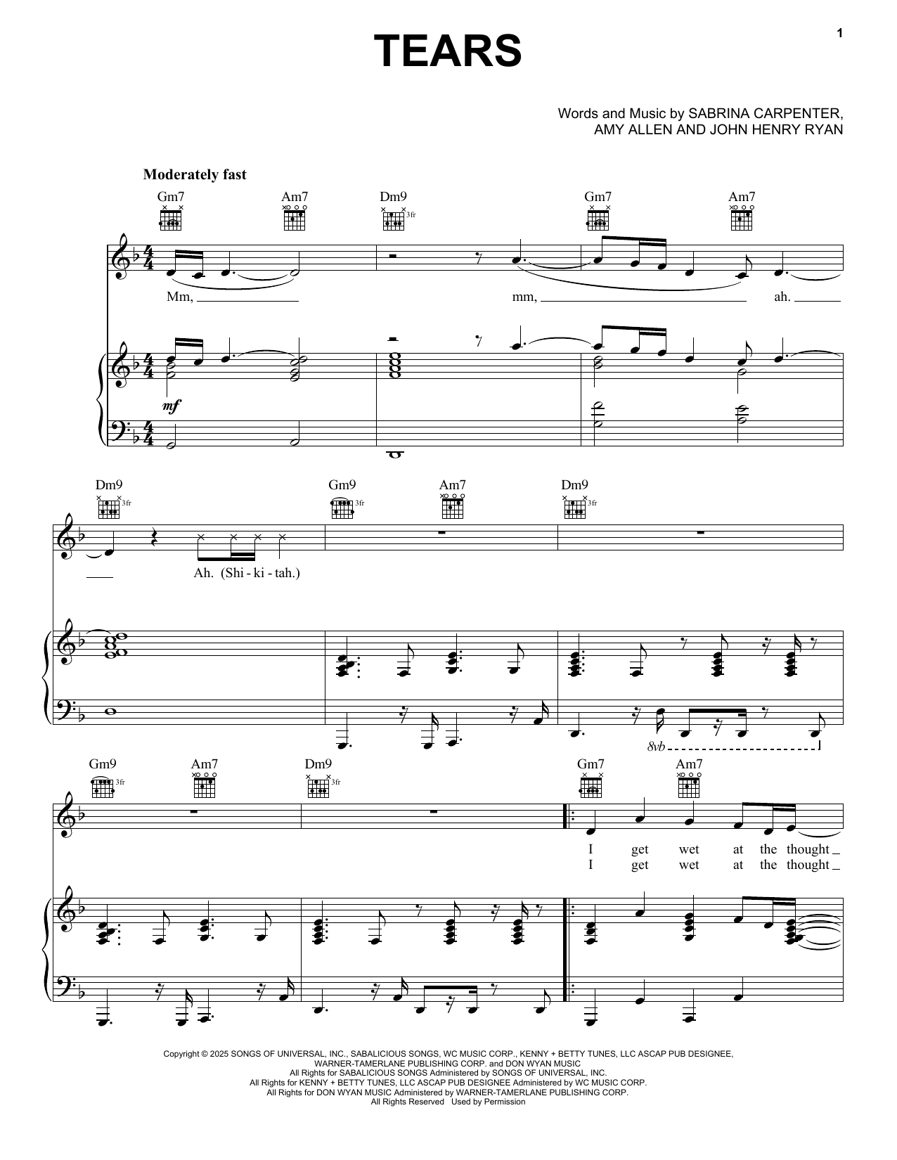 Sabrina Carpenter Tears sheet music notes and chords arranged for Piano, Vocal & Guitar Chords (Right-Hand Melody)
