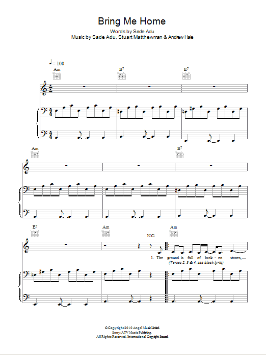 Sade Bring Me Home sheet music notes and chords arranged for Piano, Vocal & Guitar Chords