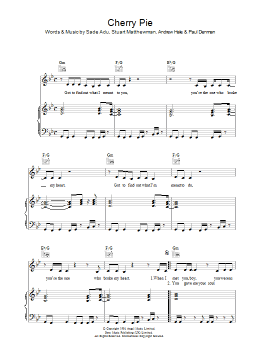Learn to play Sade Cherry Pie sheet music for Piano, Vocal & Guitar Chords in minutes. Price: 7.8900$ Sade Cherry Pie sheet music notes and chords arranged for Piano, Vocal & Guitar Chords