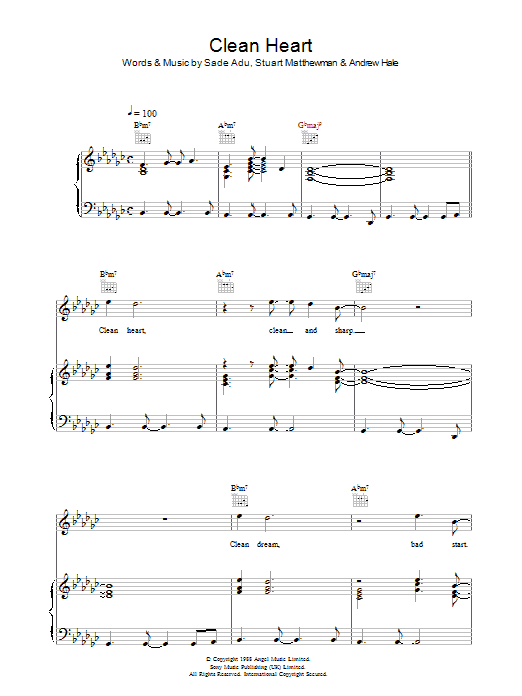 Learn to play Sade Clean Heart sheet music for Piano, Vocal & Guitar Chords in minutes. Price: 7.8900$ Sade Clean Heart sheet music notes and chords arranged for Piano, Vocal & Guitar Chords