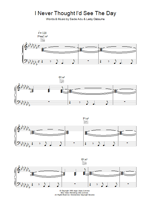 Learn to play Sade I Never Thought I'd See The Day sheet music for Piano, Vocal & Guitar Chords in minutes. Price: 7.8900$ Sade I Never Thought I'd See The Day sheet music notes and chords arranged for Piano, Vocal & Guitar Chords
