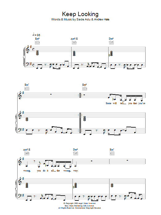 Sade Keep Looking sheet music notes and chords arranged for Piano, Vocal & Guitar Chords