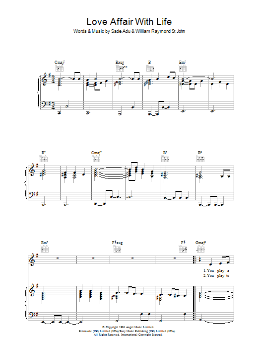 Learn to play Sade Love Affair With Life sheet music for Piano, Vocal & Guitar Chords in minutes. Price: 7.8900$ Sade Love Affair With Life sheet music notes and chords arranged for Piano, Vocal & Guitar Chords