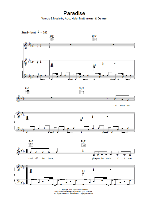 Learn to play Sade Paradise sheet music for Piano, Vocal & Guitar Chords in minutes. Price: 7.8900$ Sade Paradise sheet music notes and chords arranged for Piano, Vocal & Guitar Chords
