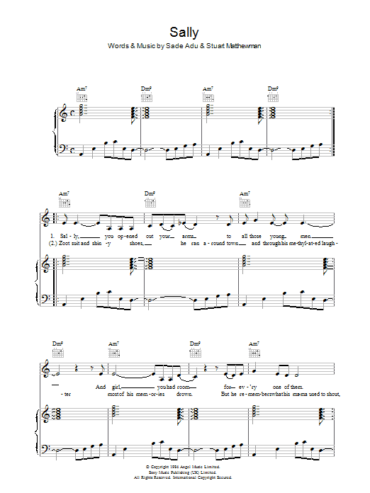Learn to play Sade Sally sheet music for Piano, Vocal & Guitar Chords in minutes. Price: 7.8900$ Sade Sally sheet music notes and chords arranged for Piano, Vocal & Guitar Chords