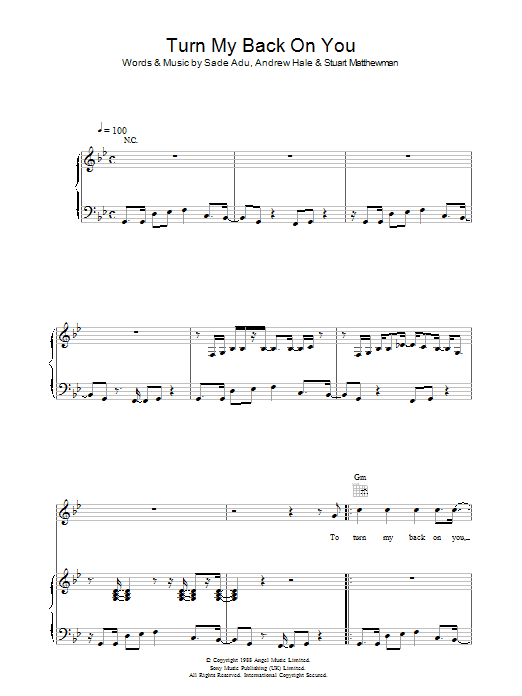 Learn to play Sade Turn My Back On You sheet music for Piano, Vocal & Guitar Chords in minutes. Price: 7.8900$ Sade Turn My Back On You sheet music notes and chords arranged for Piano, Vocal & Guitar Chords