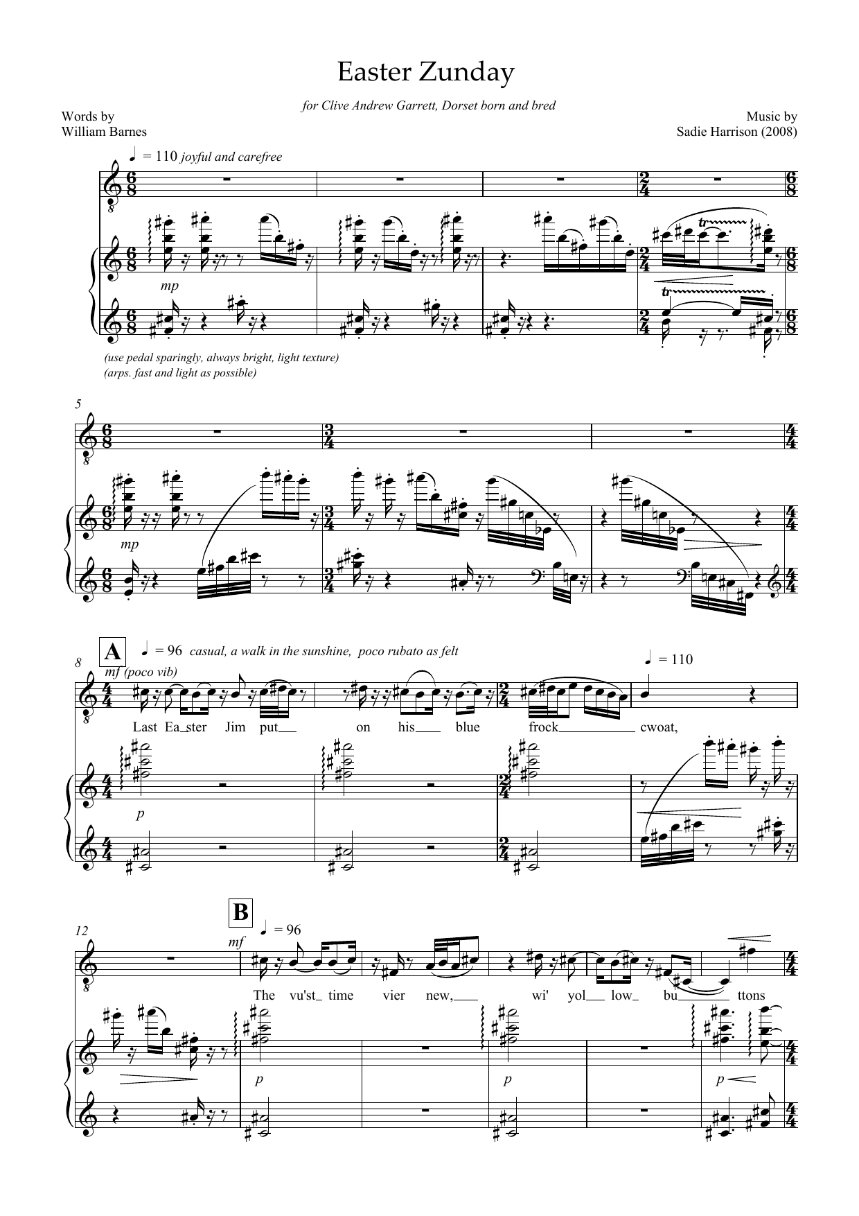 Learn to play Sadie Harrison Easter Zunday (for tenor & piano) sheet music for Piano & Vocal in minutes. Price: 7.8900$ Sadie Harrison Easter Zunday (for tenor & piano) sheet music notes and chords arranged for Piano & Vocal