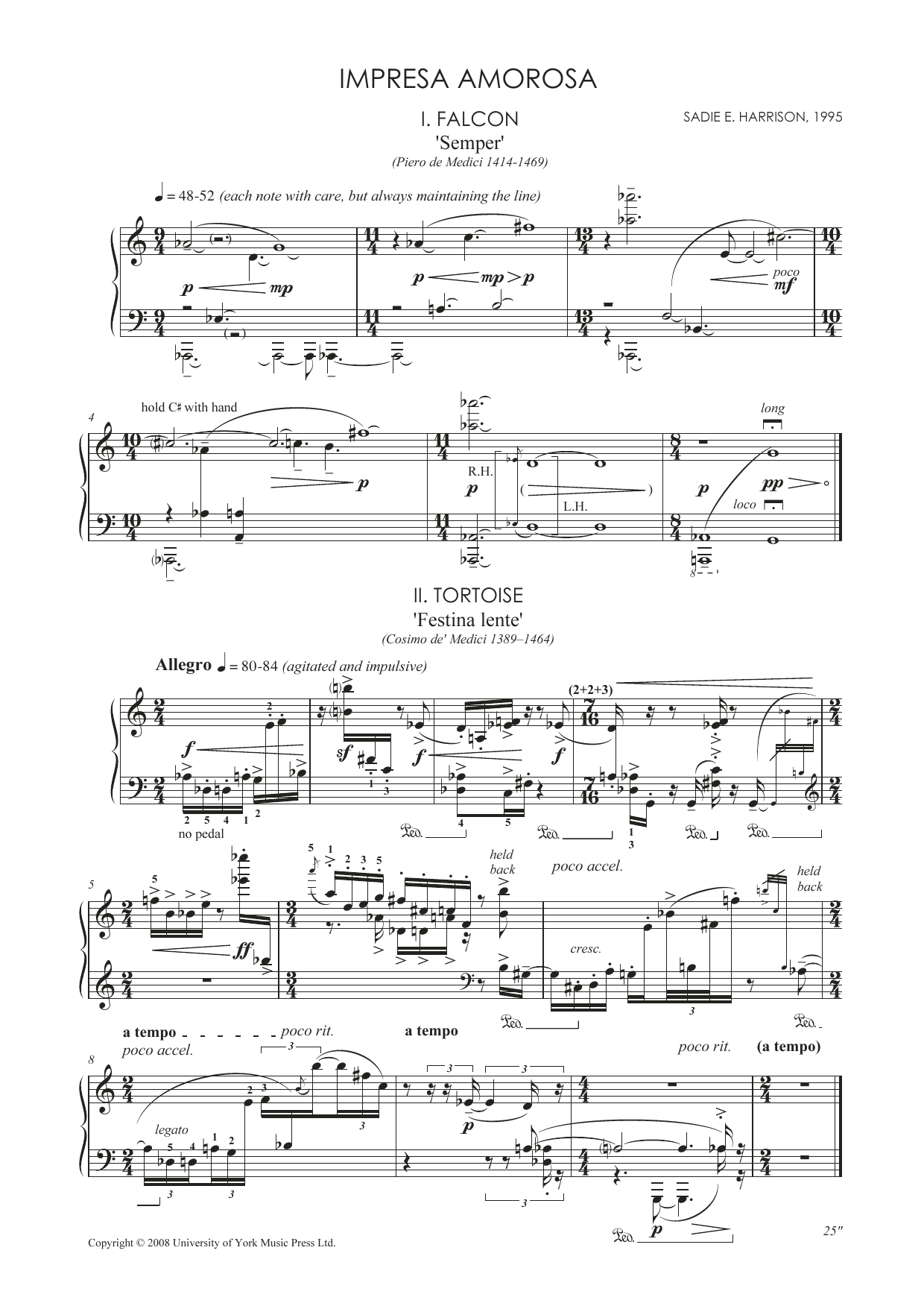 Learn to play Sadie Harrison Impresa Amorosa sheet music for Piano Solo in minutes. Price: 7.8900$ Sadie Harrison Impresa Amorosa sheet music notes and chords arranged for Piano Solo