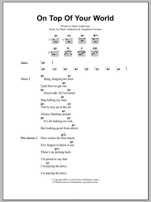 Sahara Hotnights On Top Of Your World sheet music notes and chords arranged for Guitar Chords/Lyrics