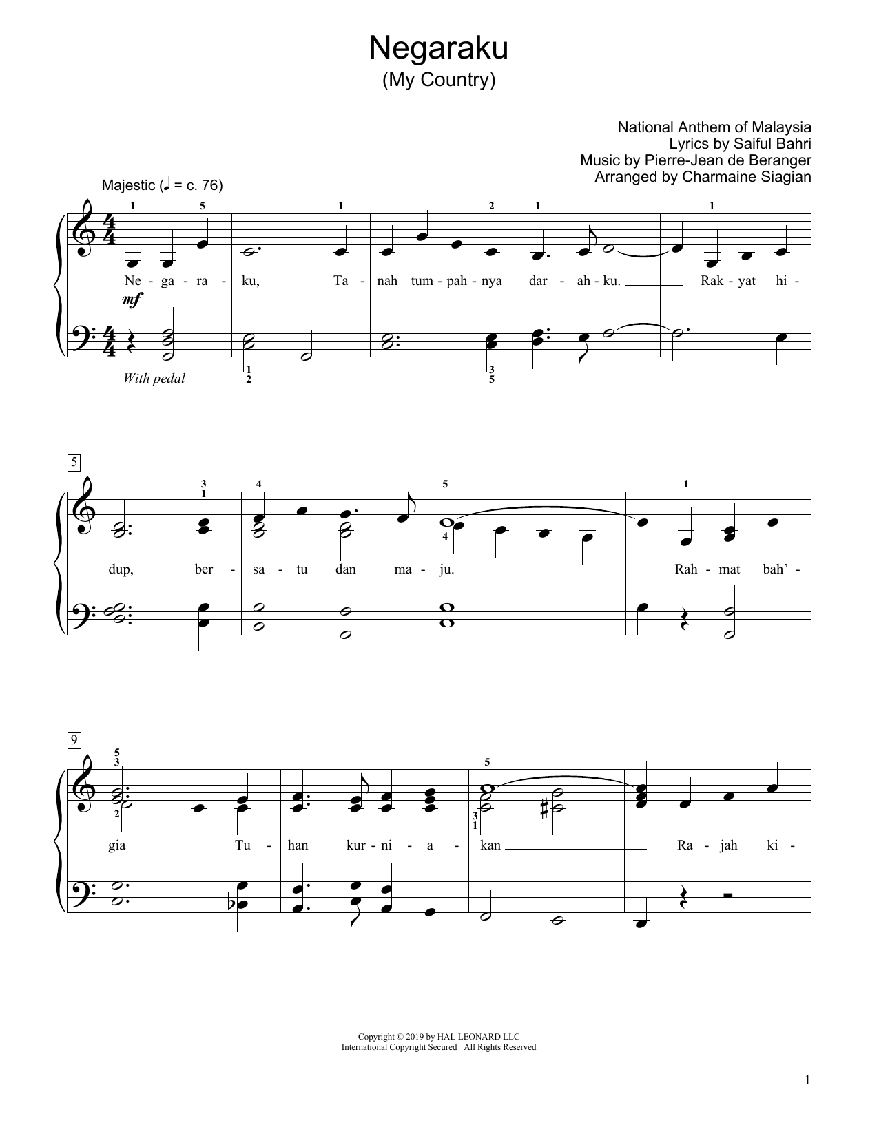 Learn to play Saiful Bahri My Country (Negaraku) (arr. Charmaine Siagian) sheet music for Educational Piano in minutes. Price: 6.9900$ Saiful Bahri My Country (Negaraku) (arr. Charmaine Siagian) sheet music notes and chords arranged for Educational Piano