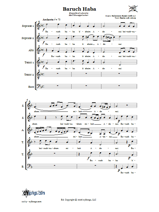 Learn to play Salamone Rossi Baruch Haba (Blessed be all who come) sheet music for Choir in minutes. Price: 3.9900$ Salamone Rossi Baruch Haba (Blessed be all who come) sheet music notes and chords arranged for Choir