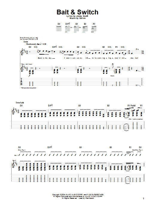 Learn to play Saliva Bait & Switch sheet music for Guitar Tab in minutes. Price: 7.8900$ Saliva Bait & Switch sheet music notes and chords arranged for Guitar Tab