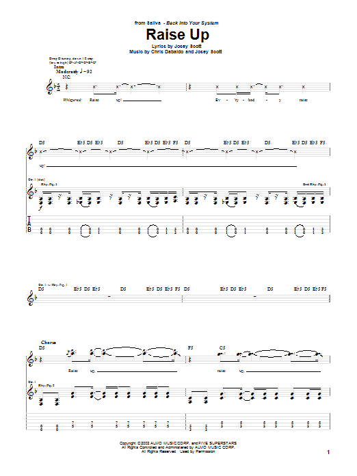 Learn to play Saliva Raise Up sheet music for Guitar Tab in minutes. Price: 7.8900$ Saliva Raise Up sheet music notes and chords arranged for Guitar Tab