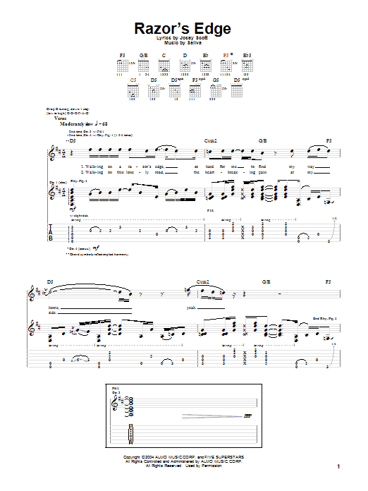 Learn to play Saliva Razor's Edge sheet music for Guitar Tab in minutes. Price: 7.8900$ Saliva Razor's Edge sheet music notes and chords arranged for Guitar Tab