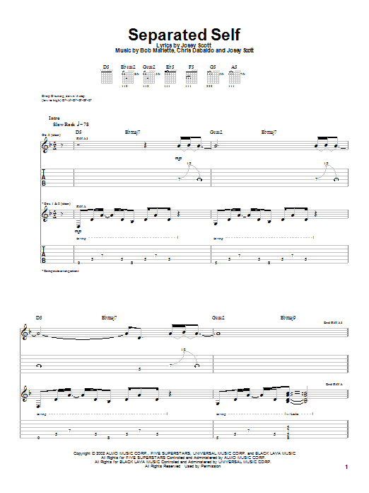 Learn to play Saliva Separated Self sheet music for Guitar Tab in minutes. Price: 7.8900$ Saliva Separated Self sheet music notes and chords arranged for Guitar Tab
