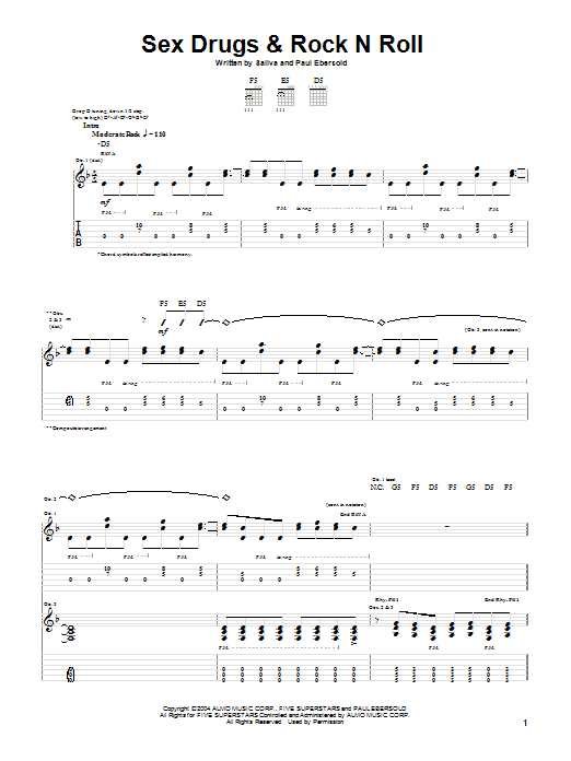 Learn to play Saliva Sex Drugs & Rock N Roll sheet music for Guitar Tab in minutes. Price: 7.8900$ Saliva Sex Drugs & Rock N Roll sheet music notes and chords arranged for Guitar Tab