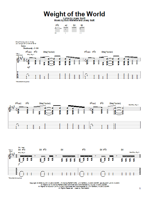Learn to play Saliva Weight Of The World sheet music for Guitar Tab in minutes. Price: 7.8900$ Saliva Weight Of The World sheet music notes and chords arranged for Guitar Tab