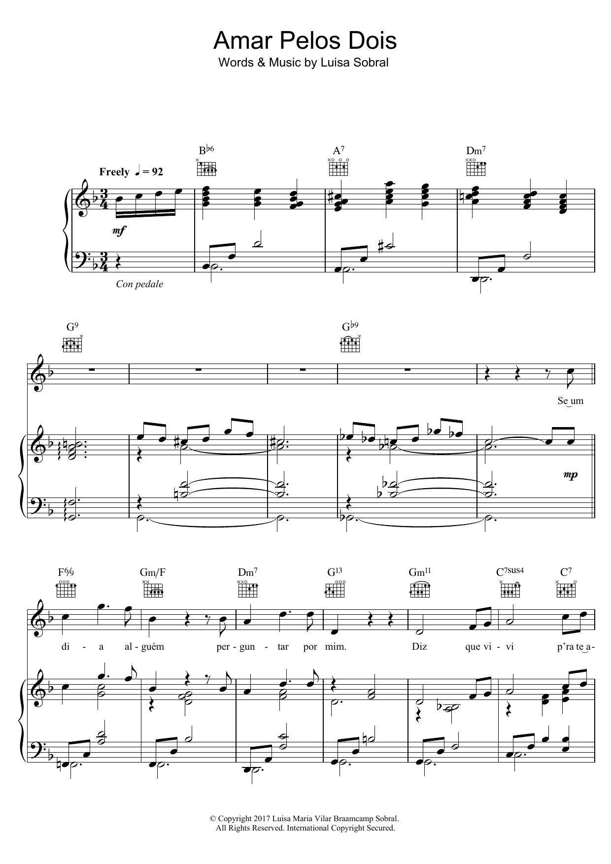 Salvador Sobral Amar Pelos Dois sheet music notes and chords. Download Printable PDF.