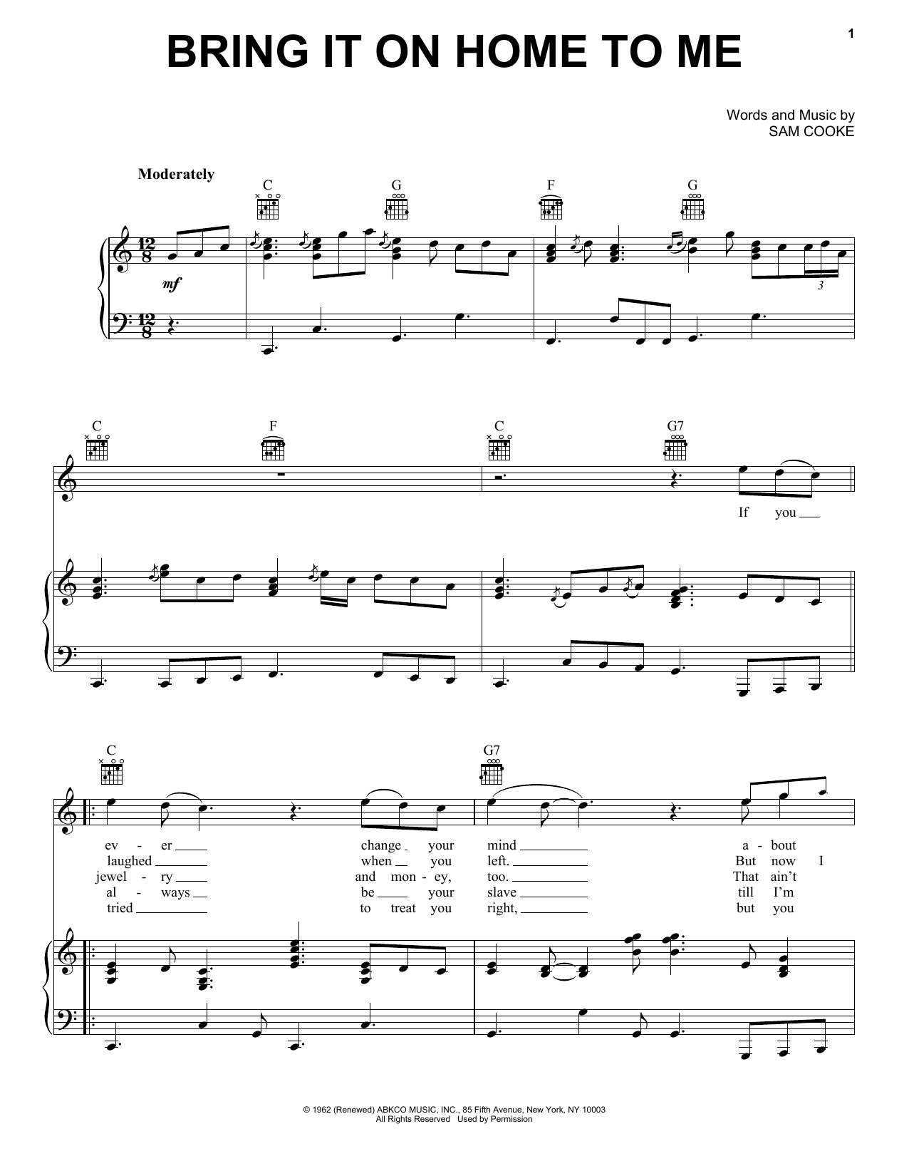 Sam Cooke Bring It On Home To Me sheet music notes and chords. Download Printable PDF.