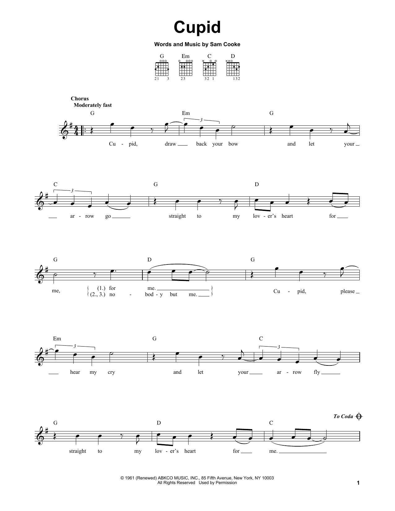 Sam Cooke Cupid sheet music notes and chords. Download Printable PDF.