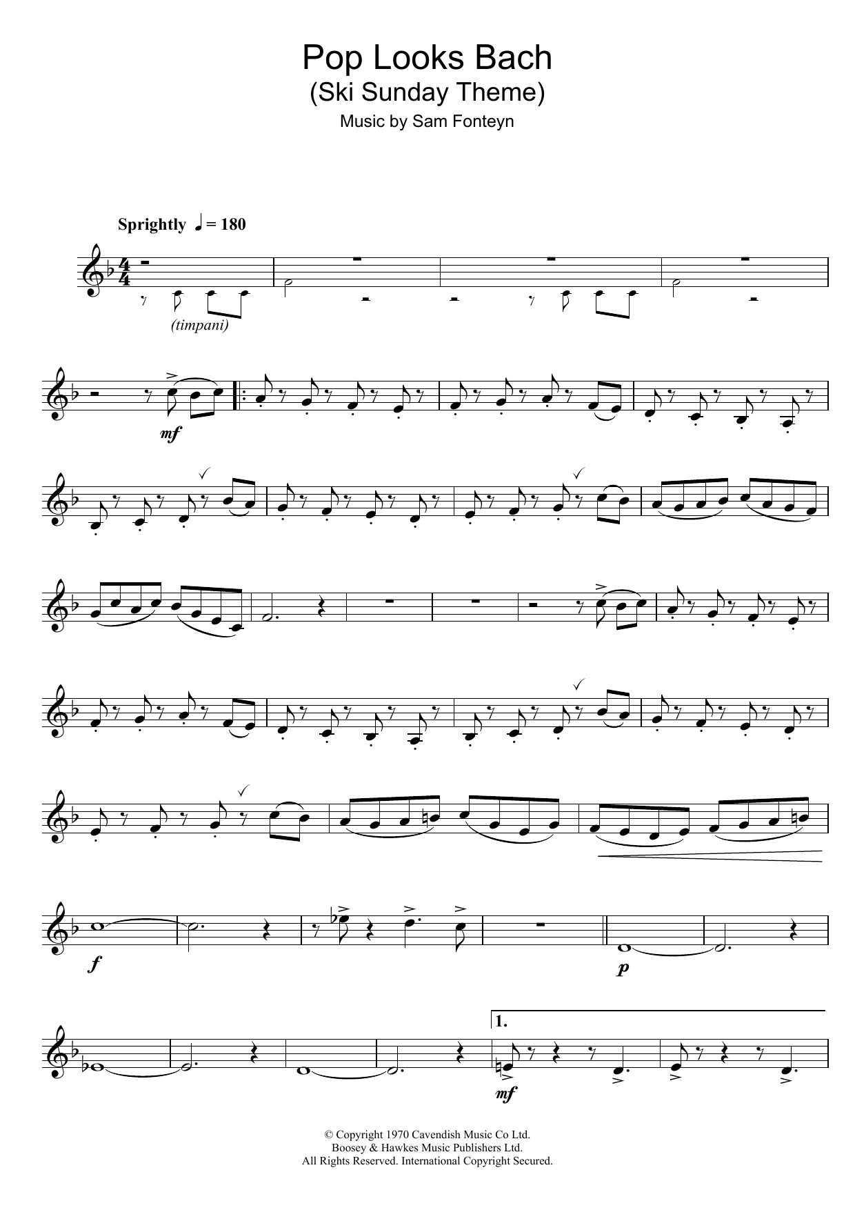 Sam Fonteyn Ski Sunday Theme (Pop Looks Bach) sheet music notes and chords. Download Printable PDF.