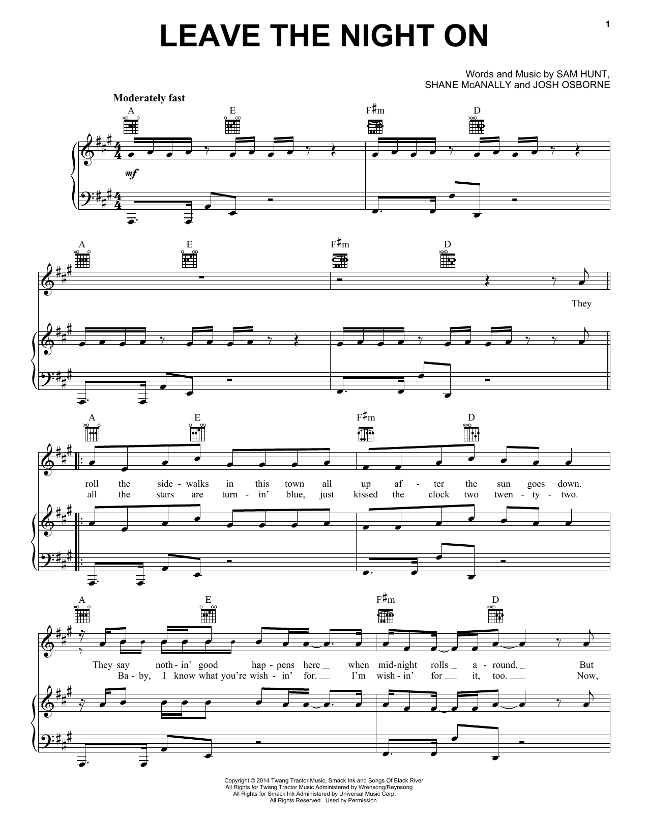 Learn to play Sam Hunt Leave The Night On sheet music for Piano, Vocal & Guitar Chords (Right-Hand Melody) in minutes. Price: 7.8900$ Sam Hunt Leave The Night On sheet music notes and chords arranged for Piano, Vocal & Guitar Chords (Right-Hand Melody)