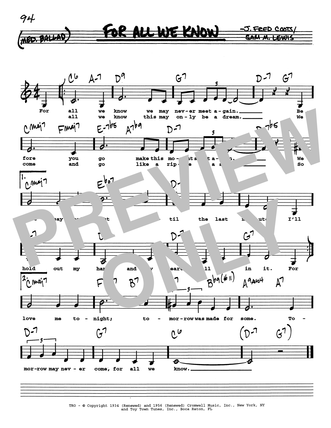 Sam M. Lewis For All We Know (Low Voice) sheet music notes and chords. Download Printable PDF.