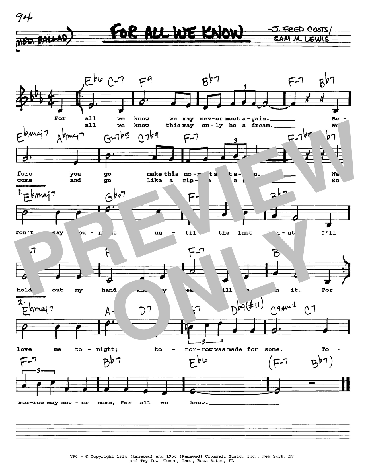 Sam M. Lewis For All We Know sheet music notes and chords. Download Printable PDF.