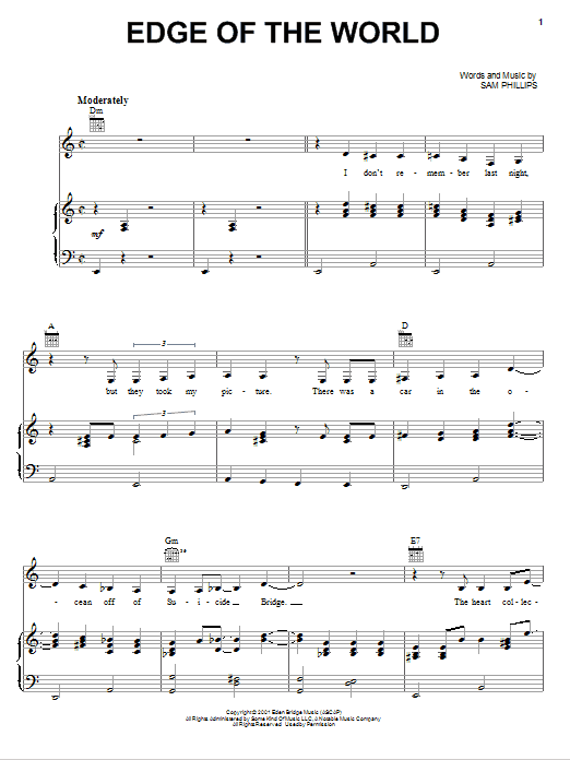 Learn to play Sam Phillips Edge Of The World sheet music for Piano, Vocal & Guitar Chords (Right-Hand Melody) in minutes. Price: 7.8900$ Sam Phillips Edge Of The World sheet music notes and chords arranged for Piano, Vocal & Guitar Chords (Right-Hand Melody)